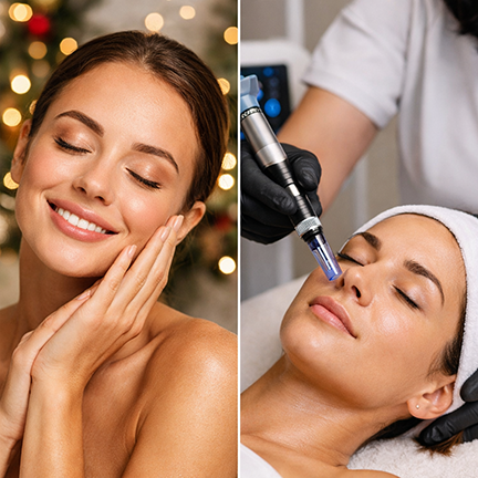Side-by-side images showing a woman with glowing, healthy skin and a professional microneedling treatment in progress, representing non-surgical skin rejuvenation with minimal downtime.