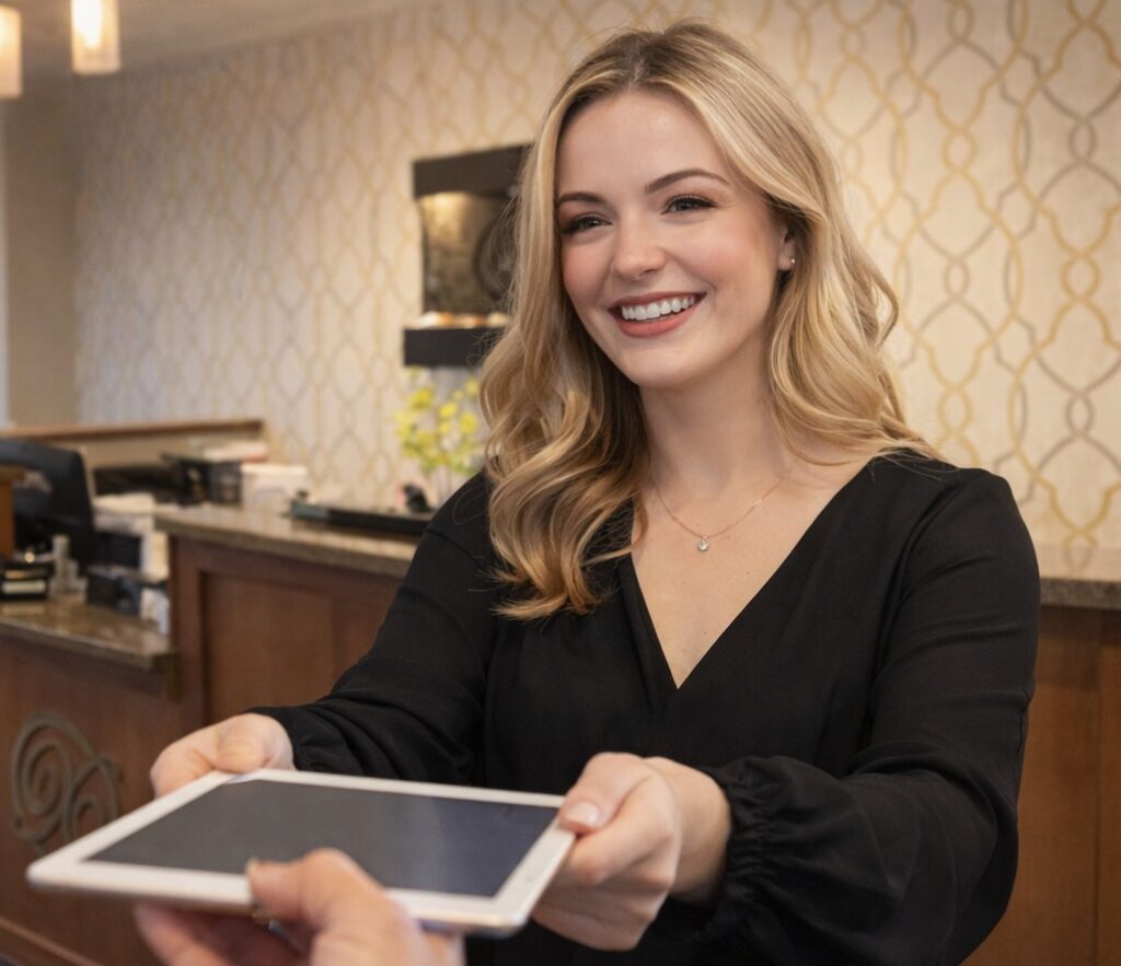 Receptionist give table to client at Xanadu Med Spa
